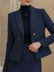 Navy Blue Tweed Skirt Suit With Tulle Hem