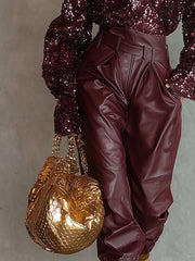 Burgundy Sequin V-Neck Long Sleeve Festive Top