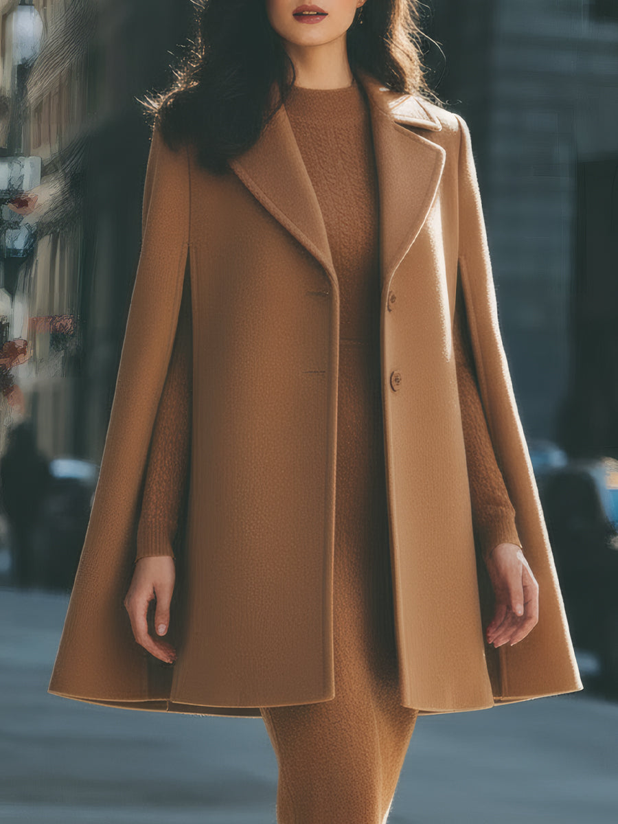 Camel Cape Coat With Structured Lapels