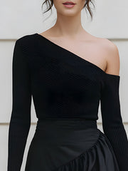 Black One-Shoulder Ribbed Knit Ruffle Hem Mini Dress