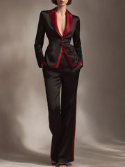 Black And Red Contrast Satin Tailored Pantsuit