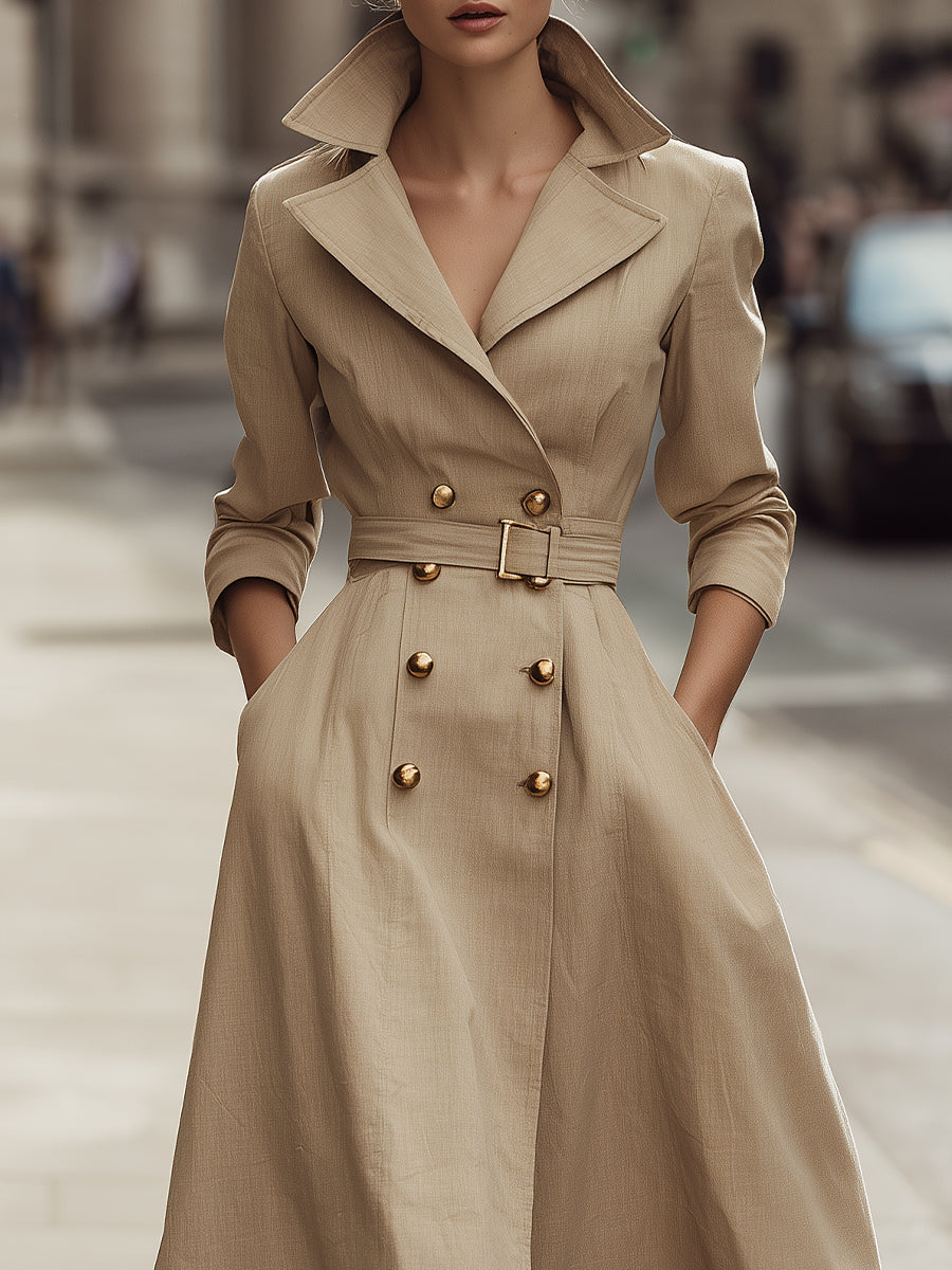 Beige Double-Breasted Belted Trench Coat Dress With Gold Buttons