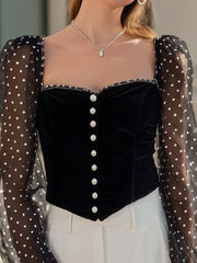 Black Velvet Corset Top With Polka-Dot Mesh Sleeves