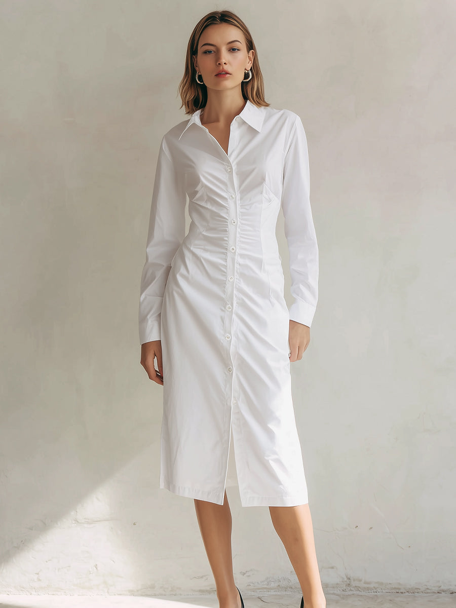 Elegant White Ruched Midi Shirt Dress