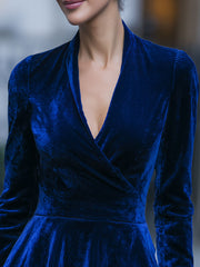 Royal Blue Velvet Wrap-Front Peplum Blouse