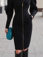 Zippered Midi Dress With Puffed Long Sleeves
