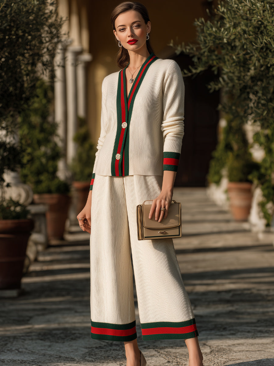 Contrast Trim Button-Front Knit Set