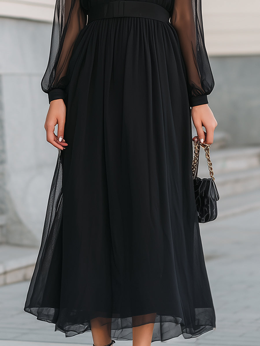 Black Sheer Bow-Neck Chiffon Midi Dress
