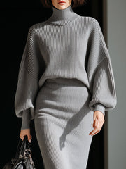 Gray Ribbed Turtleneck Batwing Sweater Dress