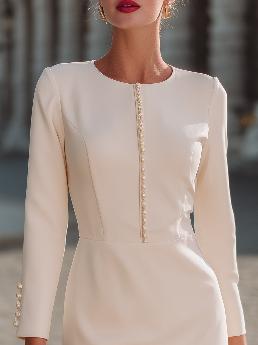 Elegant Pearl-Trim Long-Sleeve Sheath Dress