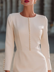 Elegant Pearl-Trim Long-Sleeve Sheath Dress