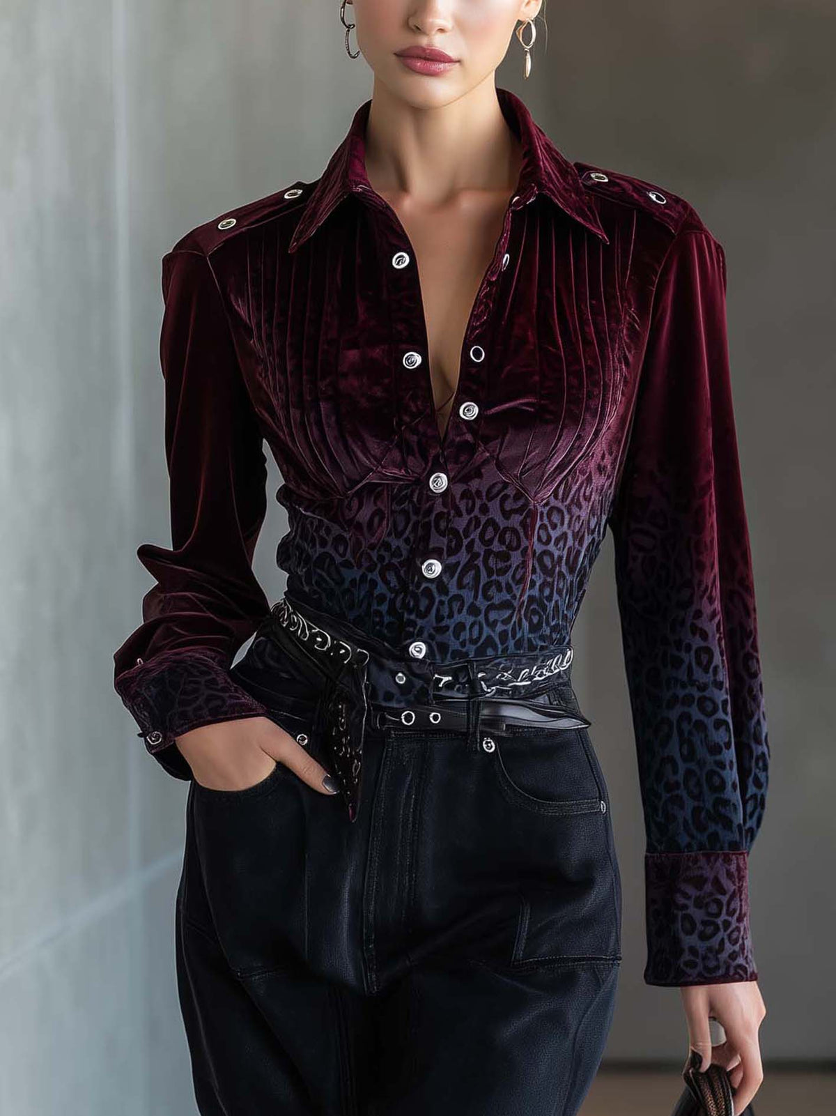 Red Velvet Gradient Blue Leopard Print Blouse