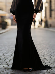 Sheer-Sleeve V-Neck Velvet Mermaid Gown