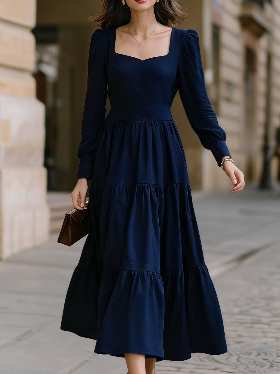 Navy Blue Square Neck Tiered Maxi Dress