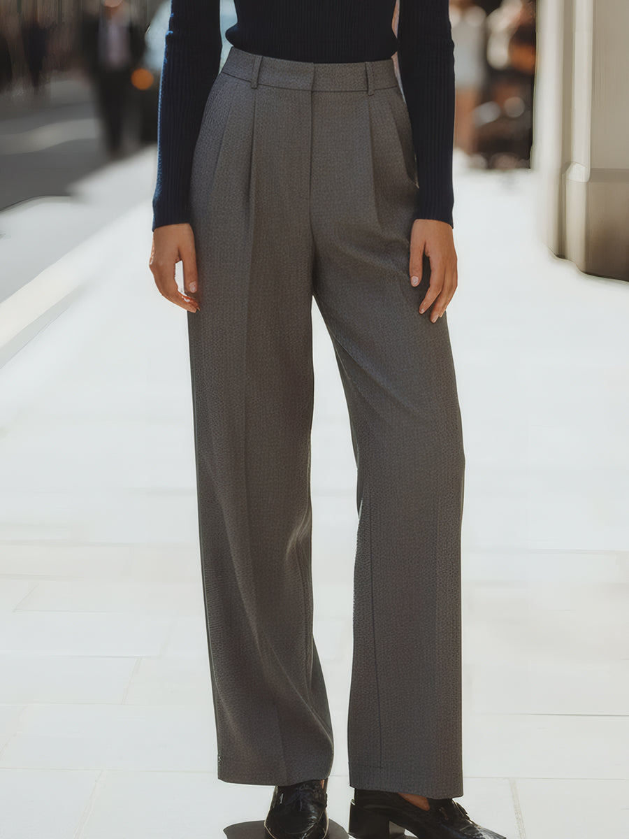 Navy Ribbed Knit Polo Top And Gray Tailored Trousers Set