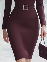 Elegant Square-Neck Belted Midi Dress With A Fake Collar