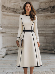 Ivory Long-Sleeve A-Line Midi Dress With Contrast Panel Lines