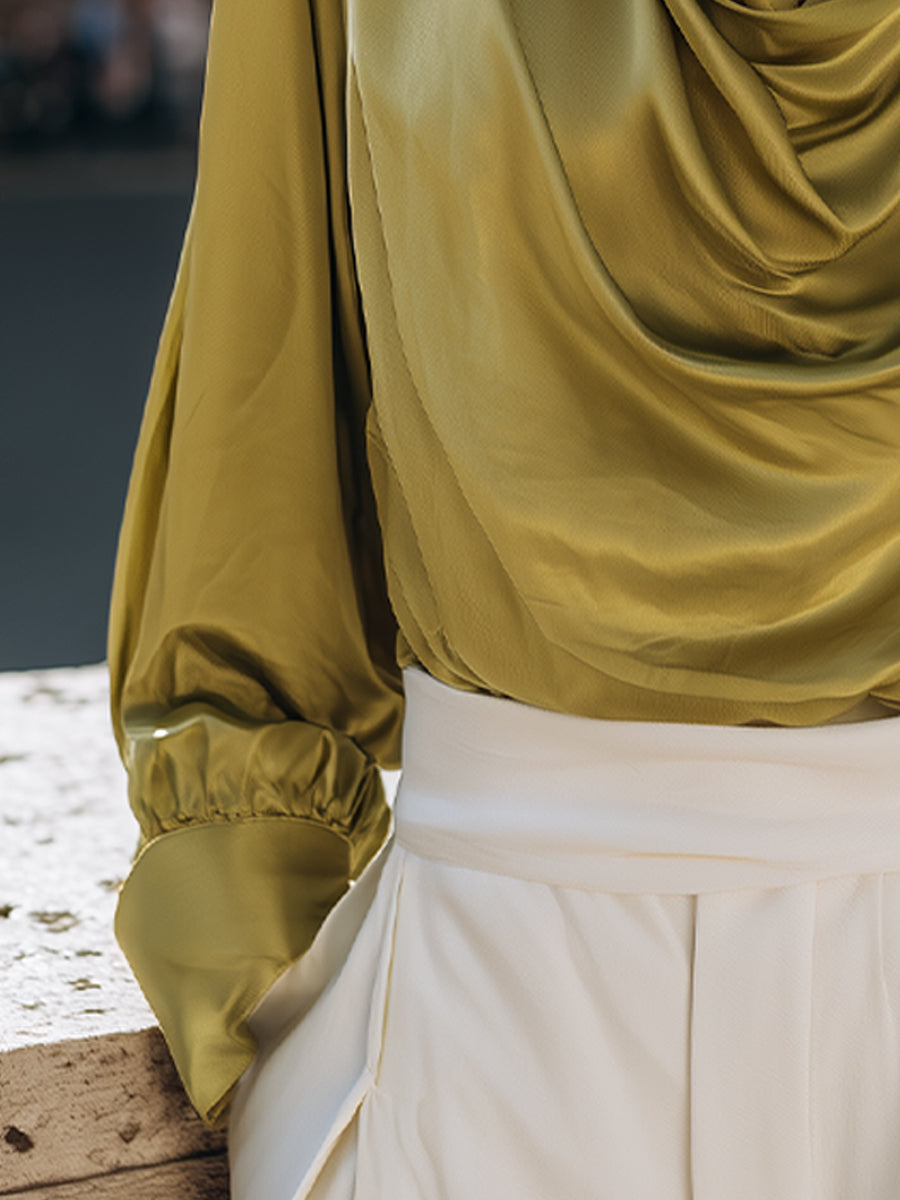 Elegant Olive-green Draped Satin Blouse