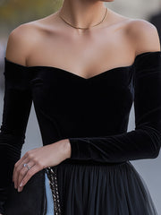 Black Velvet Off-Shoulder Tulle Maxi Dress