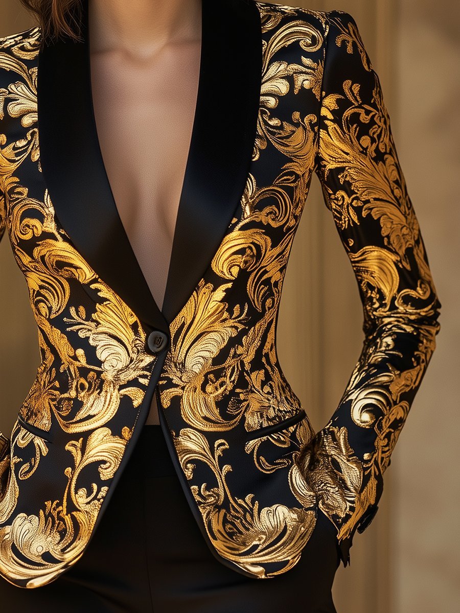 Elegant Black and Gold Floral Baroque Blazer - Aurahers - Aura Her's LLC