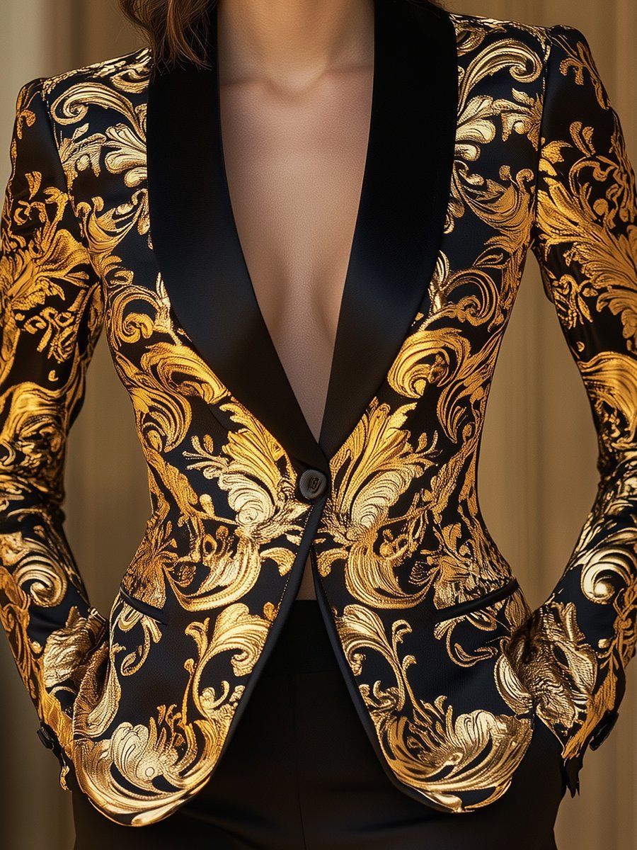Elegant Black and Gold Floral Baroque Blazer - Aurahers - Aura Her's LLC