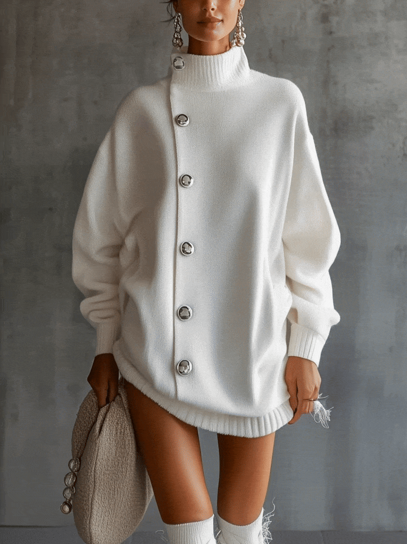 White Oversized Buttoned Turtleneck Sweater Dress