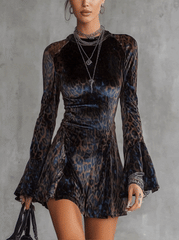 Brown And Blue Velvet Mini Dress With Leopard Print And Flared Sleeves