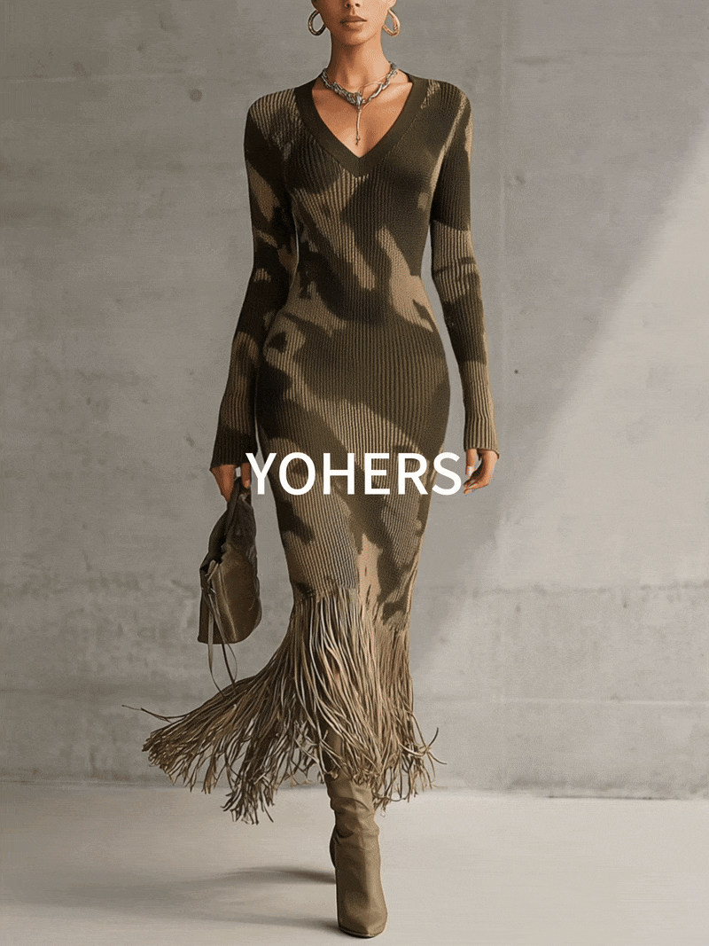 Yohers Olive Camo Knit V-Neck Fringe Hem Bodycon Dress
