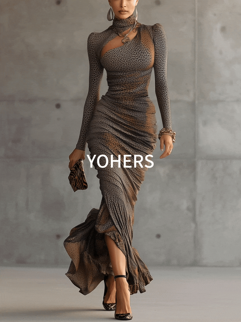 Brown Leopard Print Pleated Cutout Maxi Dress