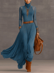 Blue Velvet Mesh Sleeve Maxi Dress With Brown Belt