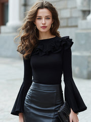 Ruffled Neckline Long-sleeve Top