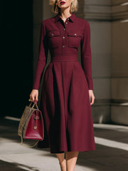 Burgundy Long-Sleeve Pleated Shirt Midi Dress