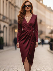 Burgundy Satin Wrap Midi Dress