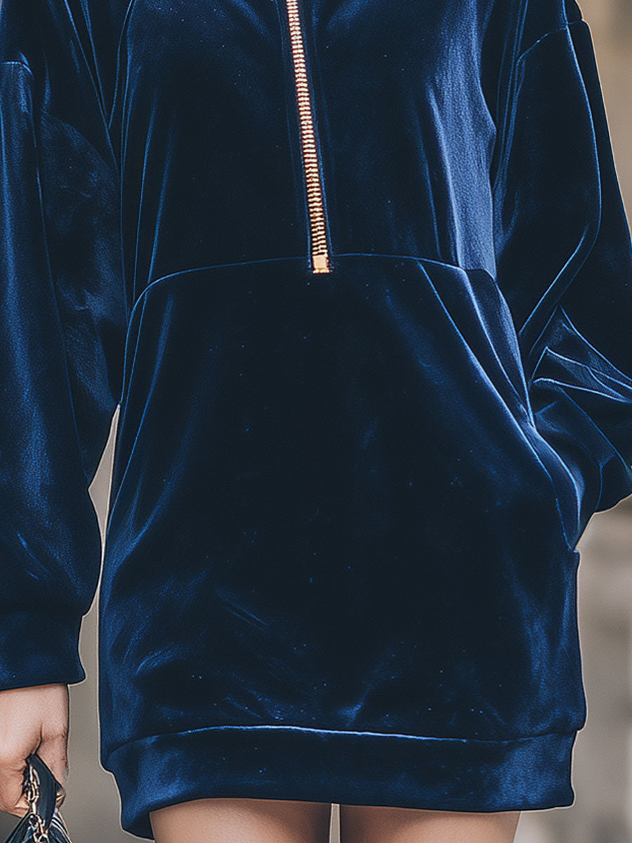 Luxe Navy Velvet Half-Zip Hooded Mini Dress