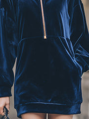 Luxe Navy Velvet Half-Zip Hooded Mini Dress