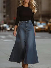 Wide-Leg Denim Trousers And Sweater Set