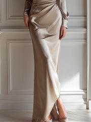 One-Shoulder Champagne Satin Draped Maxi Dress