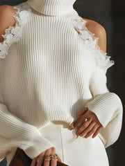 Lace-Trim Cold-Shoulder Ribbed Turtleneck Sweater
