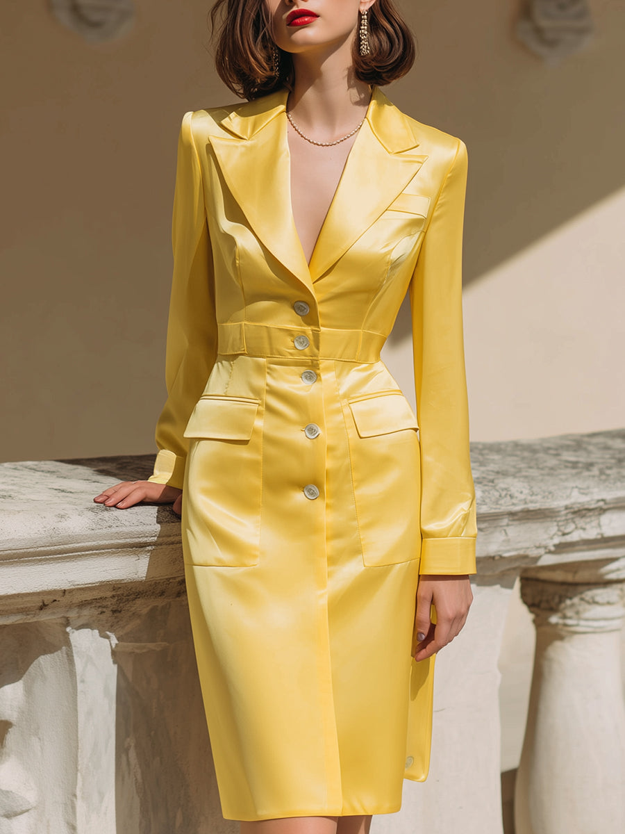 Luminous Yellow Satin Tailored Blazer Dress