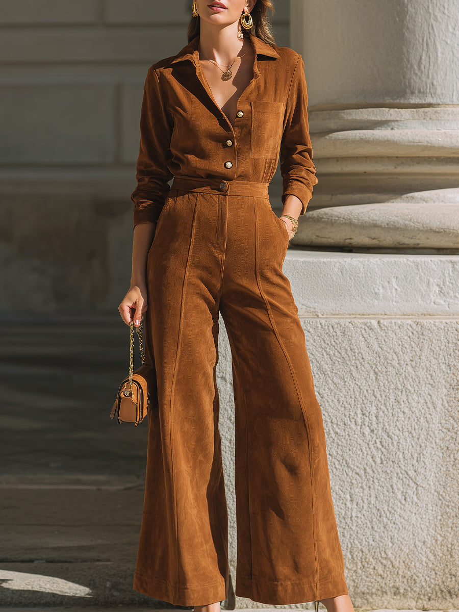Chestnut Brown Corduroy Set – Shirt & Wide-Leg Pants