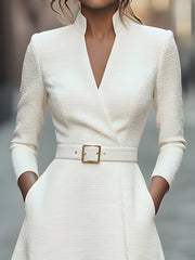 White Textured Belted Midi Dress With V-Neckline