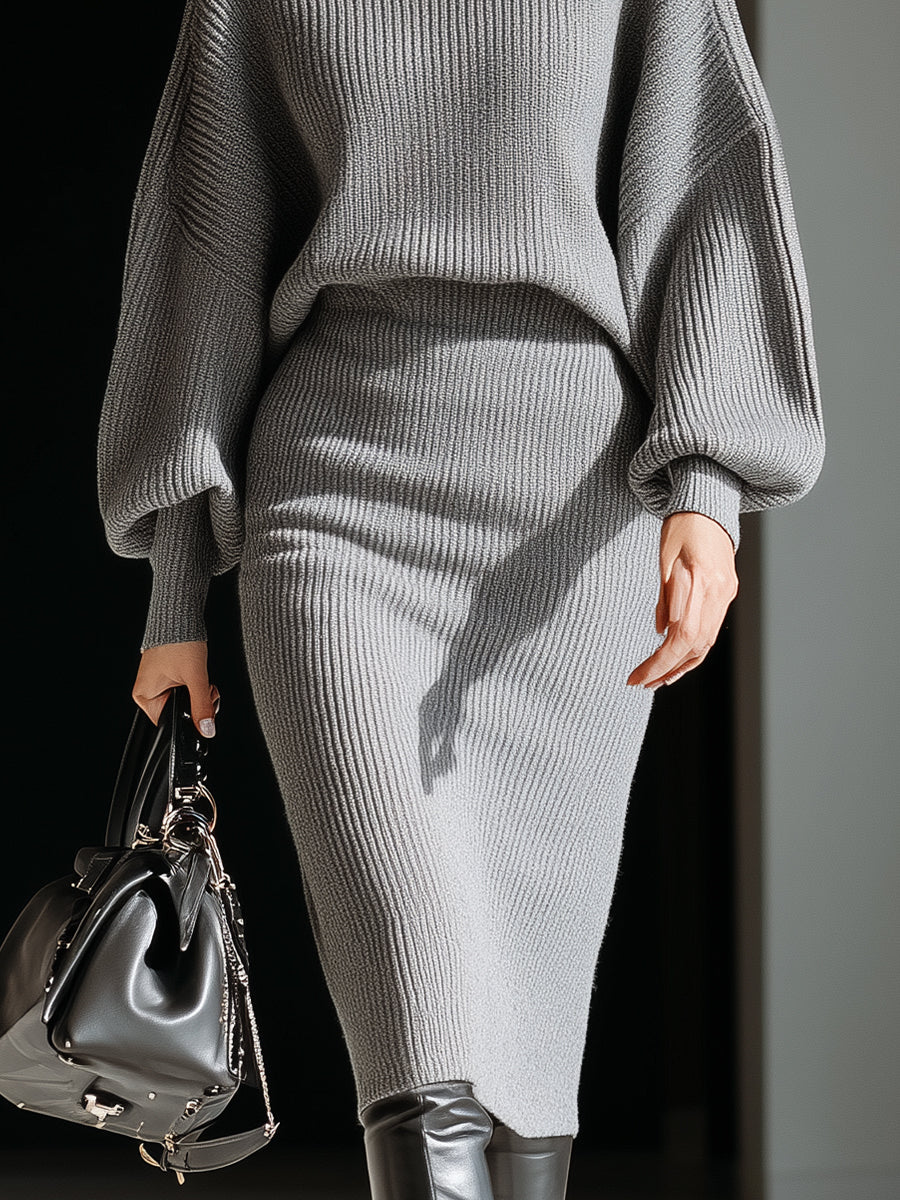 Gray Ribbed Turtleneck Batwing Sweater Dress