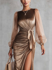 Champagne Velvet Maxi Dress With Sheer Sleeves And Side Tie Draping