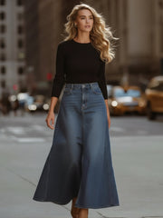 Wide-Leg Denim Trousers And Sweater Set