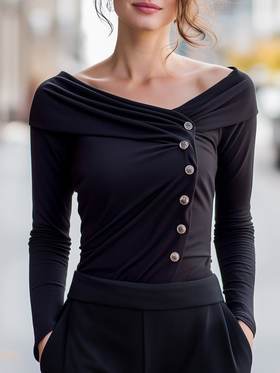 Off-Shoulder Draped Button Detail Top