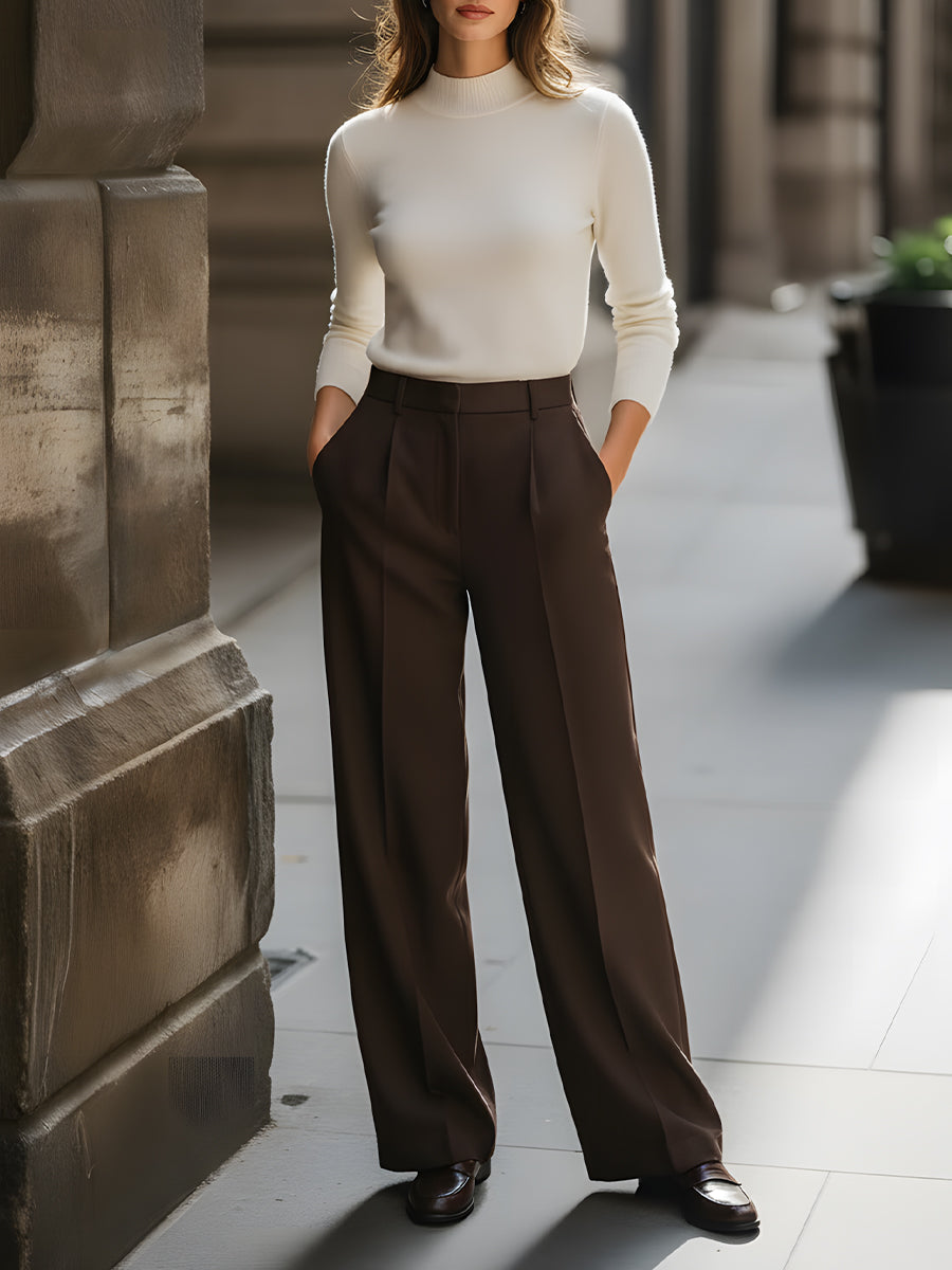 Ivory Knit Mock-Neck Sweater With Chocolate Tailored Wide-Leg Trousers