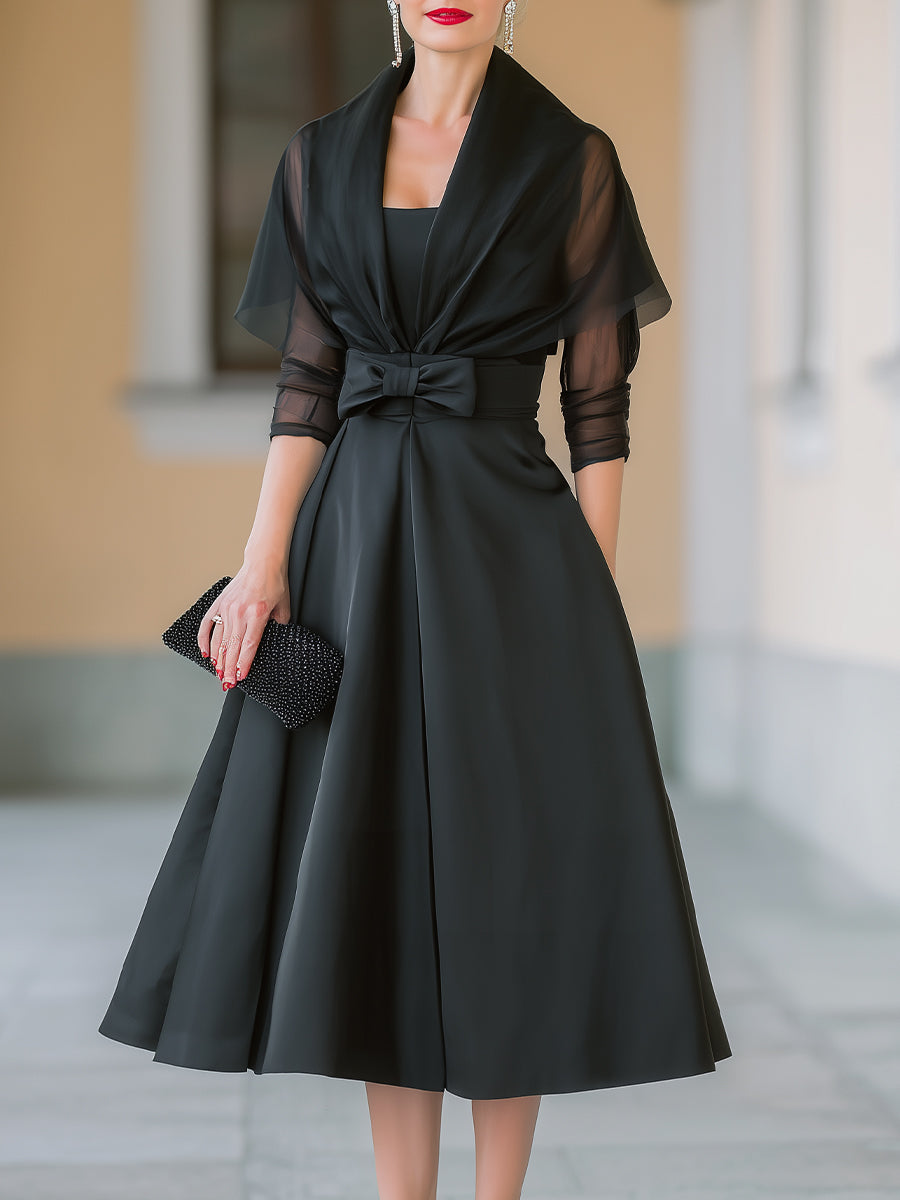 Elegant Bow-Waist Evening Dress With Sheer Shawl Detail