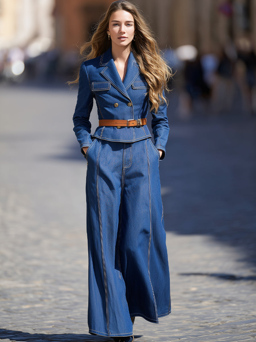 Indigo Tailored Denim Set – Jacket & Wide-Leg Pants