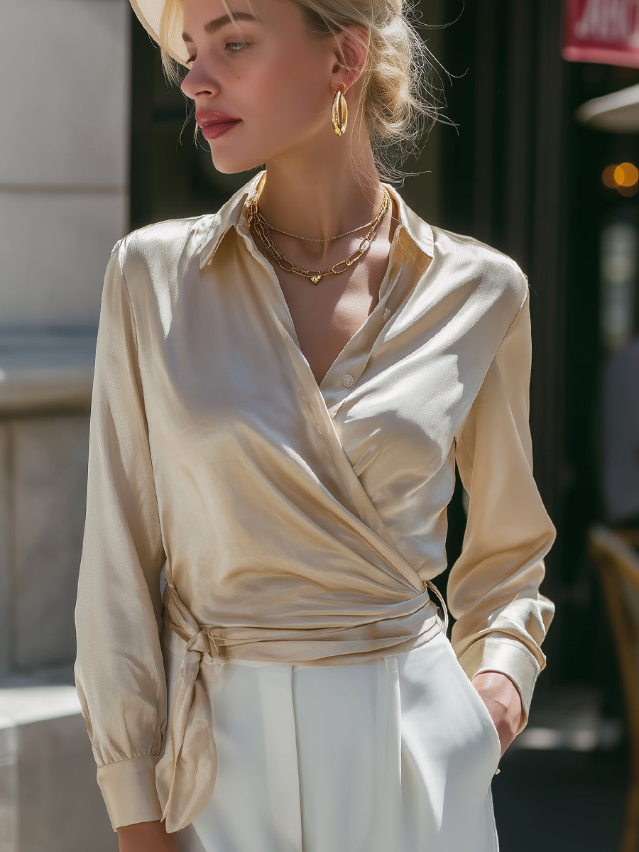 Beige Satin Wrap Blouse With Side Tie