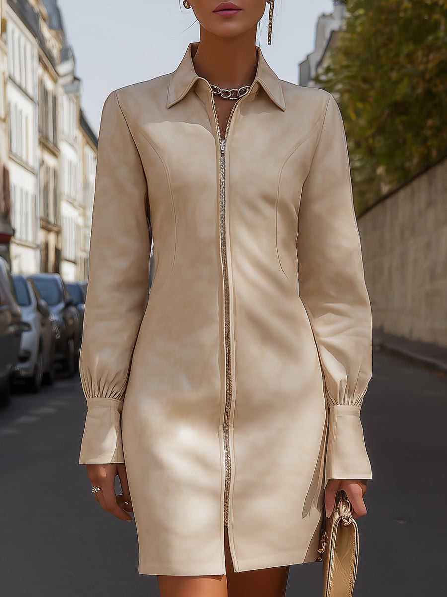 Zip-Front Tailored Faux Leather Mini Dress